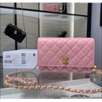 Super Quality Chanel Lambskin Wallet on Chain WOC with Gold-Tone Ball AP1450 Light Pink 2024