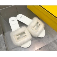 Good Looking Fendi Baguette Flat Slides Sandal in Mink Fur White 930115