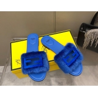 Stylish Fendi Baguette Flat Slides Sandal in Mink Fur Blue 930117