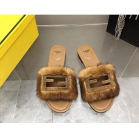 Sumptuous Fendi Baguette Flat Slides Sandal in Mink Fur Brown 930119