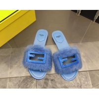 Good Quality Fendi Baguette Flat Slides Sandal in Mink Fur Light Blue 930120