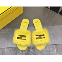 Best Price Fendi Baguette Flat Slides Sandal in Mink Fur Yellow 0930121