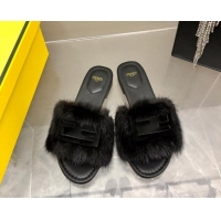 Purchase Fendi Baguette Flat Slides Sandal in Mink Fur Black 930123