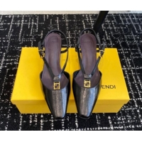 Good Quality Fendi FFold Slingback Pumps 4cm in Embossed Calfskin Black 112103