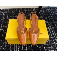 Top Grade Fendi FFold Slingback Pumps 4cm in Embossed Calfskin Tan Brown 1112104