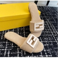 Best Grade Fendi Baguette Flat Slides Sandal in Wool Shearling Beige 112105