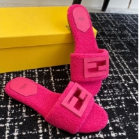 Luxurious Fendi Baguette Flat Slides Sandal in Wool Shearling Dark Pink 1112109