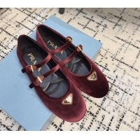 Luxurious Prada Velvet ballerinas flats with Double Strap Burgundy 114116