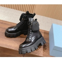 Good Looking Prada Monolith Brushed Leather and Nylon Platform Ankle Boots with Pouch Black 114126