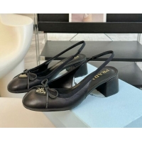 Top Grade Prada Leather Slingback Pumps with Bow and Logo Black 115010