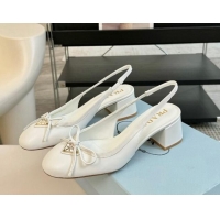 Grade Quality Prada Leather Slingback Pumps with Bow and Logo White 115011