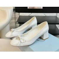 Duplicate Prada Calf Leather Pumps with Bow and Logo White 115012