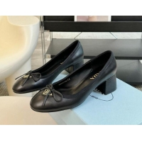 Stylish Prada Calf Leather Pumps with Bow and Logo Black 115013