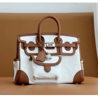 Best Price Hermes Birkin 25cm Cargo Bag in Swift Leather and Canvas H25 Brown/White 2024 (Full Handmade)