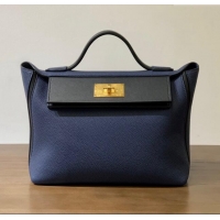 Best Design Hermes Kelly 24/24 Bag in Original Evercolor & Swift Leather H2424 Blue Sapphire/Silver 2024 (Full Handmade)