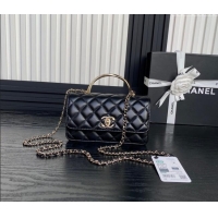 Well Crafted Chanel Lambskin & Strass Clutch with Chain and Top Handle AP4293 Black 2024