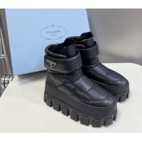 Best Grade Prada Puffer Leather and Wool Platform Ankle Boots with Strap 4.5cm Black 1115041