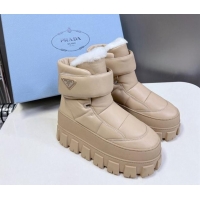 Good Quality Prada Puffer Leather and Wool Platform Ankle Boots with Strap 4.5cm Beige 1115043