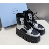 Purchase Prada Puffer Leather and Wool Platform Laced up Ankle Boots 4.5cm Black/Silver 115045