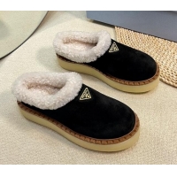 Low Price Prada Suede and Wool Platform Mules Black 115049