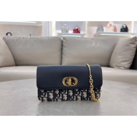 Top Grade Dior Miss Caro Pouch with Chain in Black Calfskin and Blue Oblique Canvas 5225 2024