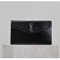 Famous Brand Saint Laurent Uptown Pouch in Crocodile Embossed Shiny Leather 565739 Black/Silver 2024