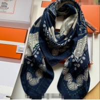 Well Crafted Hermes Zouaves et Dragons Bandana Cashmere & Silk Sqaure Shawl Scarf 140cm 0130 Navy Blue 2024