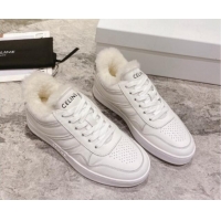 Stylish Celine Trainer Low Lace-up Sneakers in Calfskin and Wool White Leather 012004