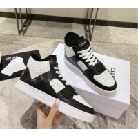 Top Design Celine CT-02 Mid Sneakers with Velcro in Calfskin and Wool White/Black 012009