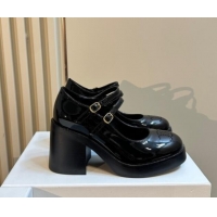 Luxury Celine Patent Leather Platform Mary Janes Pumps with Perforated Logo Black 1012035