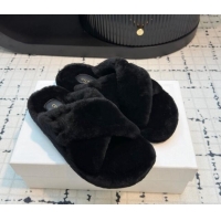 Purchase Celine Wool Flat Slides Sandal with Cross Strap Black 1112062