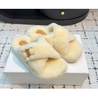 Grade Celine Wool Flat Slides Sandal with Cross Strap Beige 112063