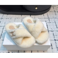 Stylish Celine Wool Flat Slides Sandal with Cross Strap White 1112064