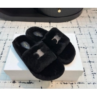 Sumptuous Celine Wool Flat Slides Sandal with Wide Strap Black 1112066