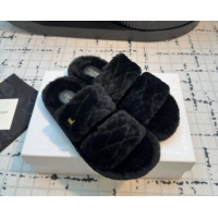 Classic Hot Celine Quilted Wool Flat Slides Sandal with Double Strap Black 1112071