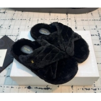 Pretty Style Celine Quilted Wool Flat Slides Sandal with Cross Strap Black 112075