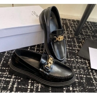 Top Design Celine Luco Triomphe Chain Loafers in Shiny Calfskin Black 112077