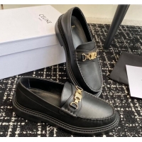 Popular Style Celine Luco Triomphe Chain Loafers in Calfskin Leather Black 112080