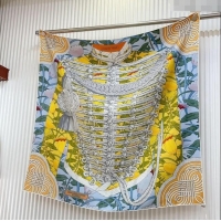 Top Quality Hermes Brandebourgs Fleuris double face Silk Square Scarf 90x90cm 3163 Yellow 2024