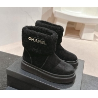 Top Grade Chanel Suede and Wool Fur Platform Ankle Boots Black 1015072