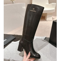 Good Quality Chanel Black Calfskin Heel High Boots with Slide Logo 1015081