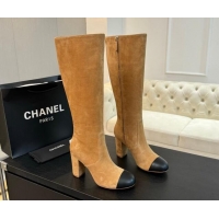 Big Discount Chanel Suede and Calfskin Heel High Boots 8cm Light Brown 1015086