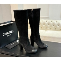 Stylish Chanel Suede and Calfskin Heel High Boots 8cm Black 015089