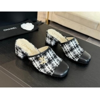 Good Quality Chanel Tweed and Lambskin Heel Mules 4.5cm Black/White 1015101