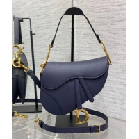 Good Quality Dior Medium Saddle Bag with Strap in Grained Calfskin 1038 Deep Blue 2024