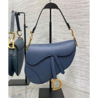 Well Crafted Dior Medium Saddle Bag with Strap in Grained Calfskin 1038 Vintage Blue 2024