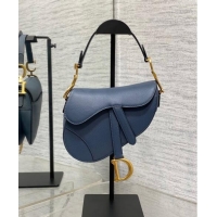 Well Crafted Dior Mini Saddle Bag with Strap in Grained Calfskin 1040 Vintage Blue 2024