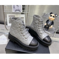 Pretty Style Chanel Quilted Calfskin Lace-up Platform Ankle Boots Grey 1015108