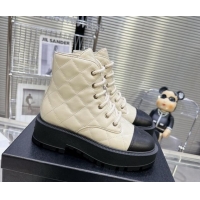 Best Price Chanel Quilted Calfskin Lace-up Platform Ankle Boots Pale Beige 1015109