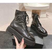 Best Product Chanel Shiny Calfskin Lace-up Platform Ankle Boots 5cm with Side CC Black 015112